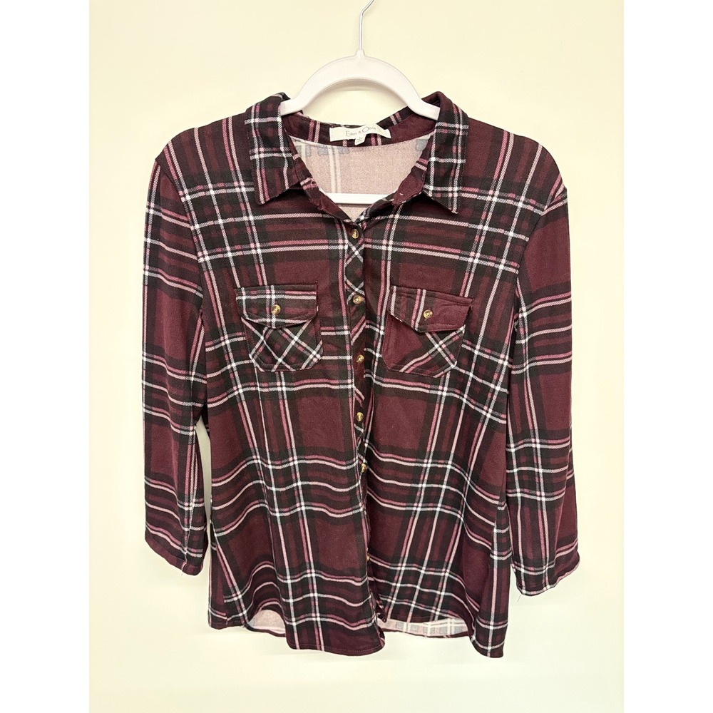 Fall Grunge Cabincore Button Down Plaid Shirt Eden & Olivia Women Large Burgundy